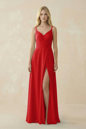 V - Neck Ruched Chiffon Bridesmaid Dress with Slit in Ruby Red - SHE IS ME Bridesmaid Dresses