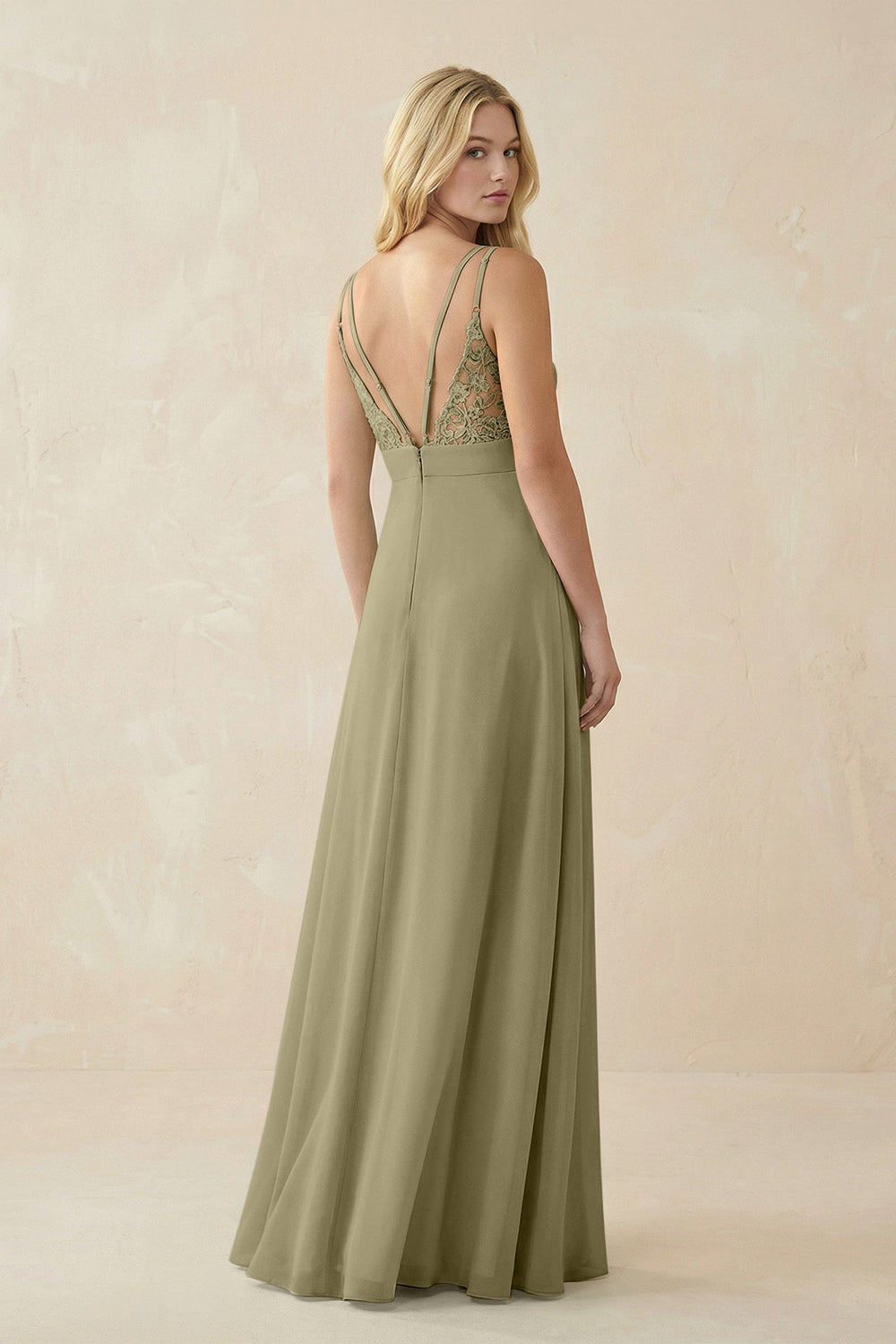 V - Neck Ruched Chiffon Bridesmaid Dress with Slit in Thyme - SHE IS ME Bridesmaid Dresses