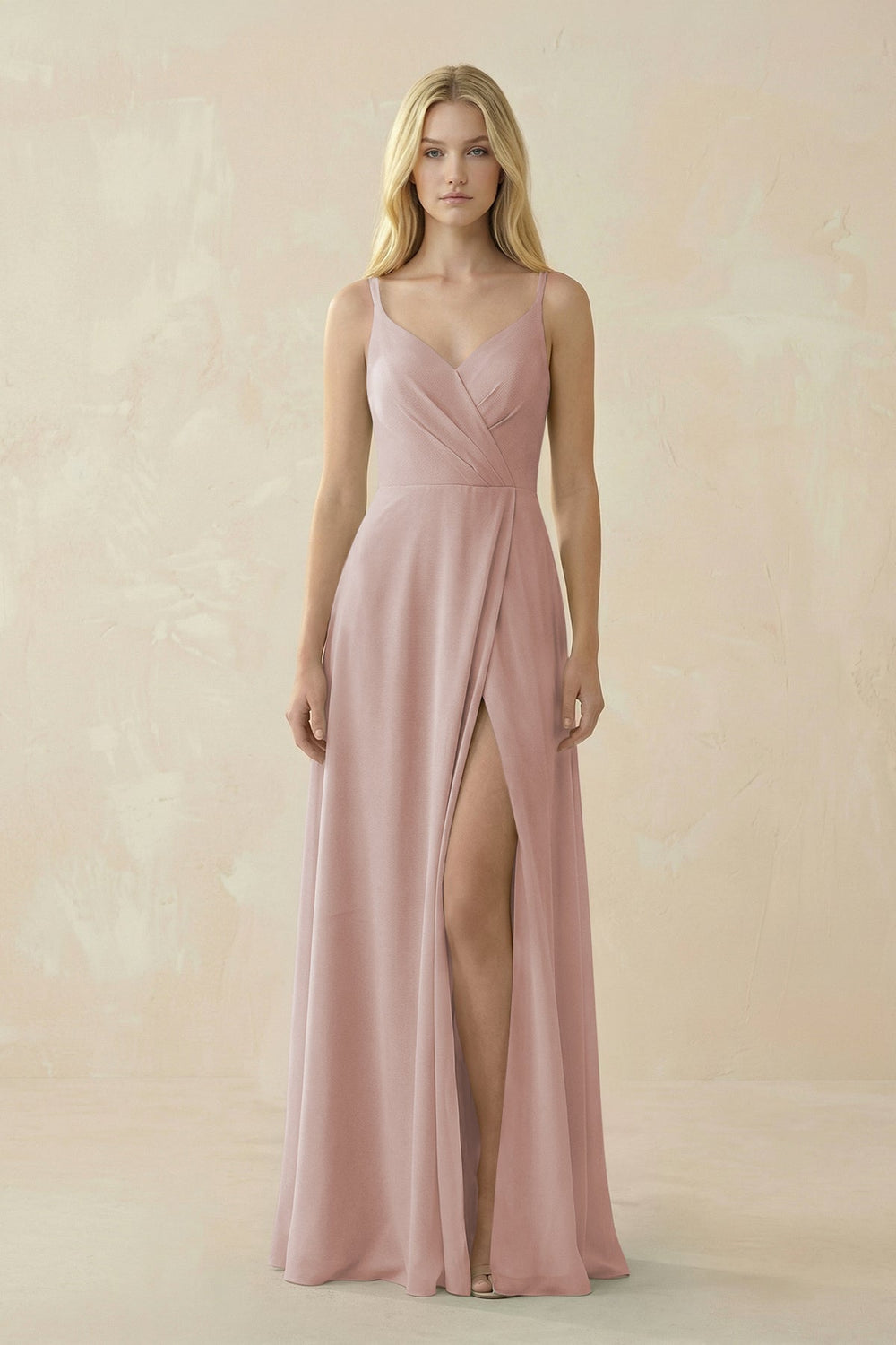 V - Neck Ruched Chiffon Bridesmaid Dress with Slit in Toffee - SHE IS ME Bridesmaid Dresses