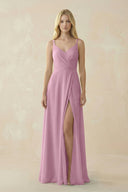 V - Neck Ruched Chiffon Bridesmaid Dress with Slit in Vintage Mauve - SHE IS ME Bridesmaid Dresses