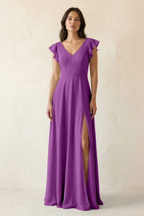 V - Neck Ruffled A - Line Chiffon Bridesmaid Dress in Amethyst - SHE IS ME Bridesmaid Dresses