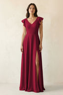 V - Neck Ruffled A - Line Chiffon Bridesmaid Dress in Berry - SHE IS ME Bridesmaid Dresses