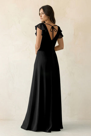V - Neck Ruffled A - Line Chiffon Bridesmaid Dress in Black - SHE IS ME Bridesmaid Dresses