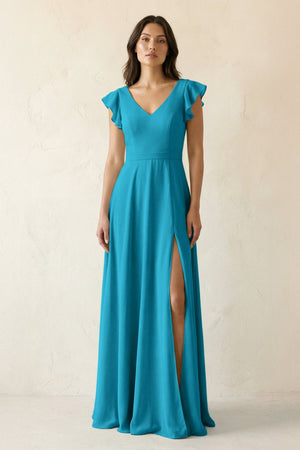 V - Neck Ruffled A - Line Chiffon Bridesmaid Dress in Blue Jay - SHE IS ME Bridesmaid Dresses