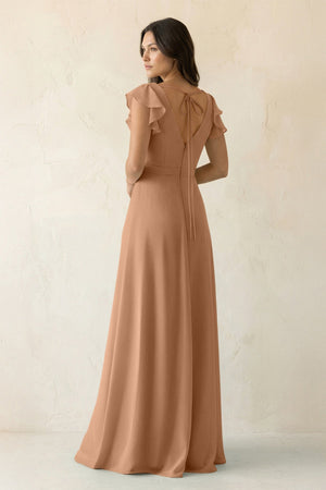 V - Neck Ruffled A - Line Chiffon Bridesmaid Dress in Bronzer - SHE IS ME Bridesmaid Dresses