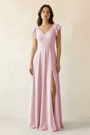 V - Neck Ruffled A - Line Chiffon Bridesmaid Dress in Candy Pink - SHE IS ME Bridesmaid Dresses
