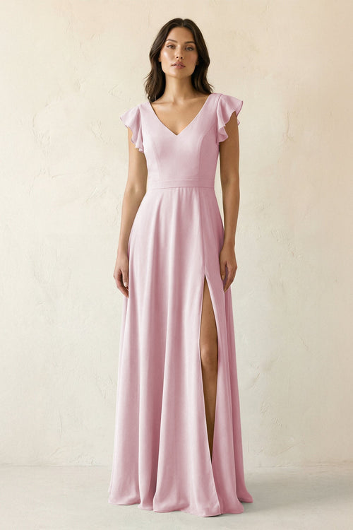 V - Neck Ruffled A - Line Chiffon Bridesmaid Dress in Candy Pink - SHE IS ME Bridesmaid Dresses