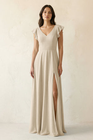 V - Neck Ruffled A - Line Chiffon Bridesmaid Dress in Champagne - SHE IS ME Bridesmaid Dresses