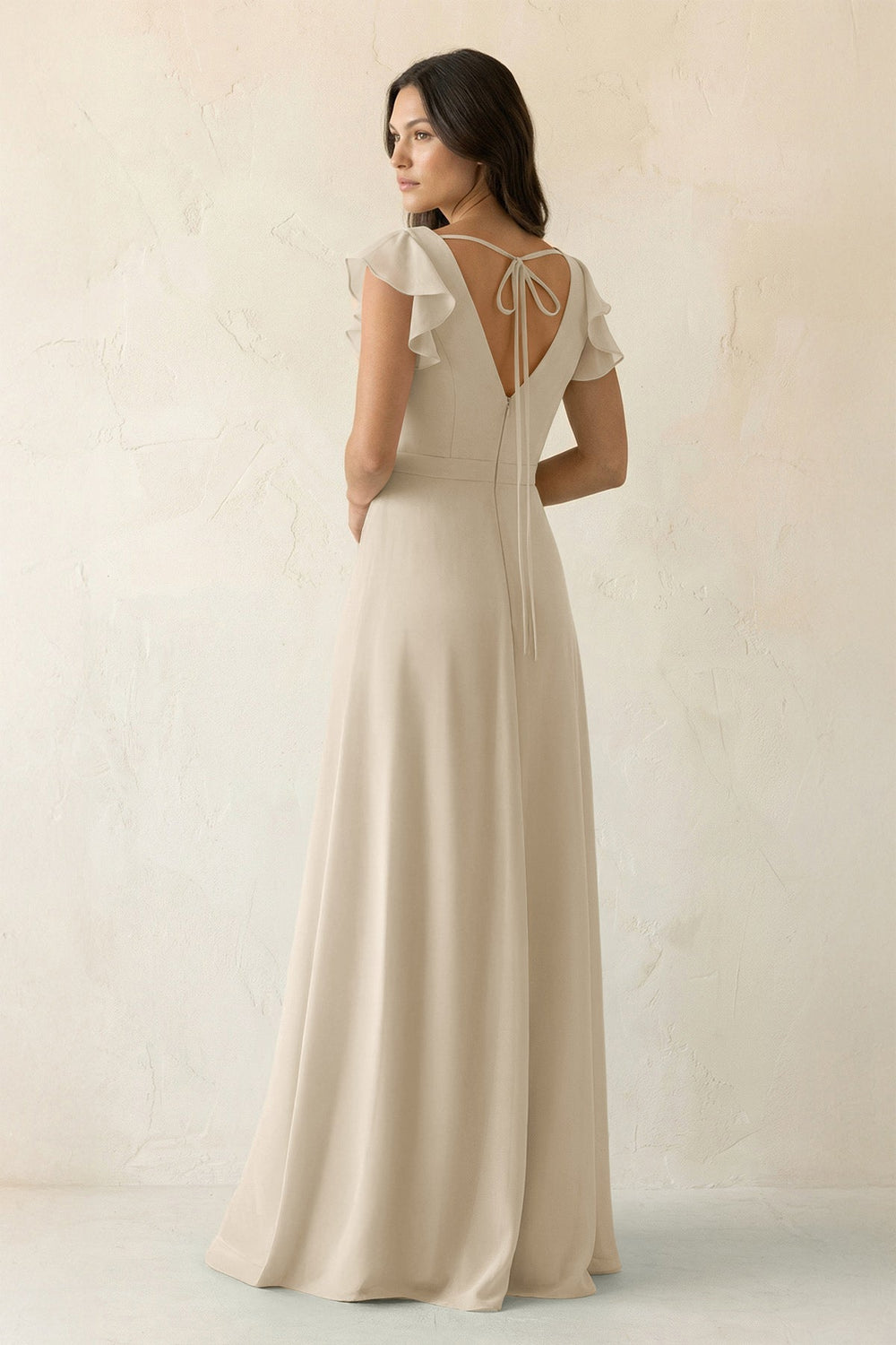 V - Neck Ruffled A - Line Chiffon Bridesmaid Dress in Champagne - SHE IS ME Bridesmaid Dresses