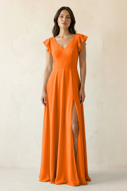 V - Neck Ruffled A - Line Chiffon Bridesmaid Dress in Cinnamon - SHE IS ME Bridesmaid Dresses