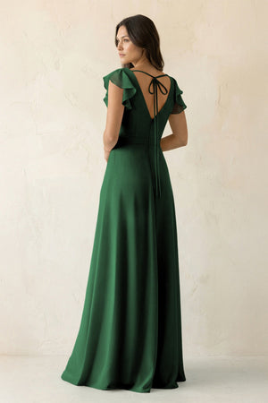 V - Neck Ruffled A - Line Chiffon Bridesmaid Dress in Dark Green - SHE IS ME Bridesmaid Dresses