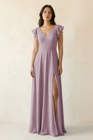 V - Neck Ruffled A - Line Chiffon Bridesmaid Dress in Dusk - SHE IS ME Bridesmaid Dresses