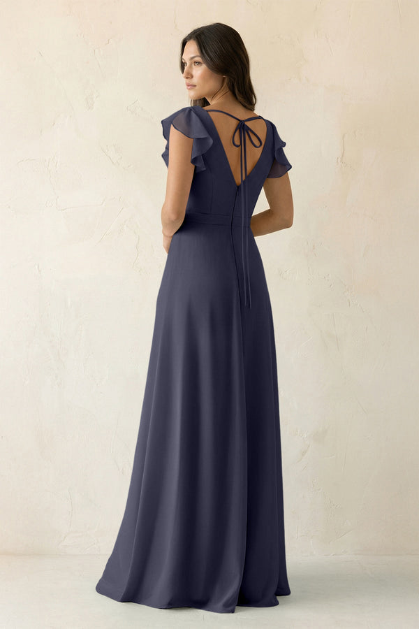 V - Neck Ruffled A - Line Chiffon Bridesmaid Dress in Dusk Blue - SHE IS ME Bridesmaid Dresses