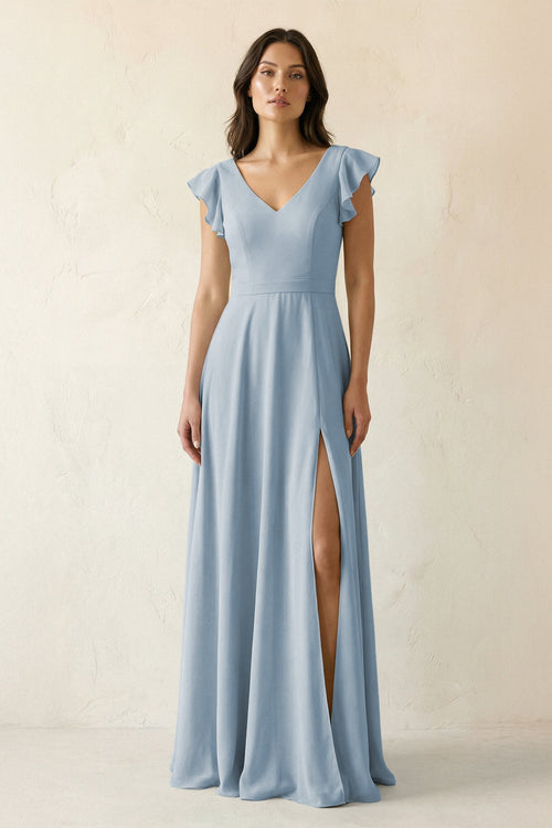 V - Neck Ruffled A - Line Chiffon Bridesmaid Dress in Dusty Blue - SHE IS ME Bridesmaid Dresses