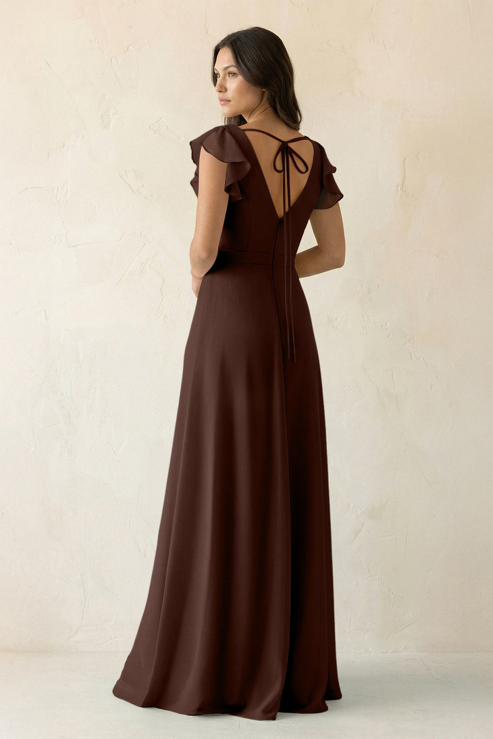 V - Neck Ruffled A - Line Chiffon Bridesmaid Dress in Espresso - SHE IS ME Bridesmaid Dresses