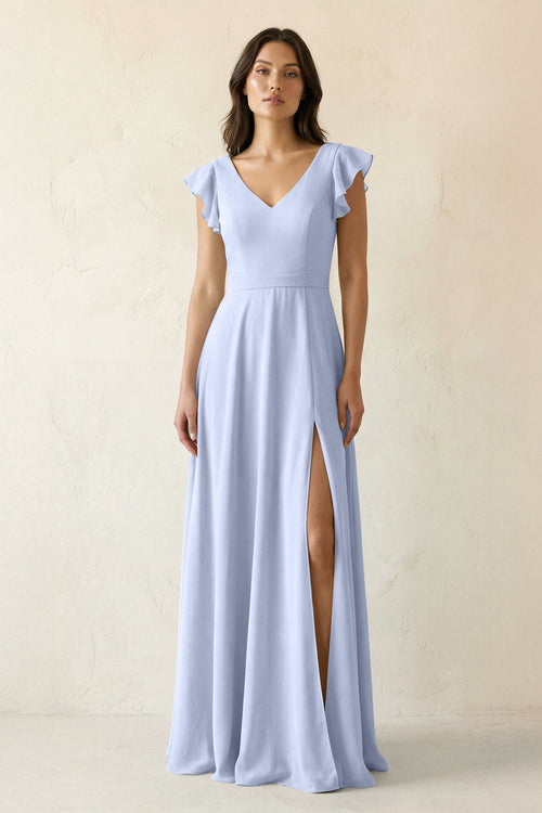 V - Neck Ruffled A - Line Chiffon Bridesmaid Dress in Ice - SHE IS ME Bridesmaid Dresses