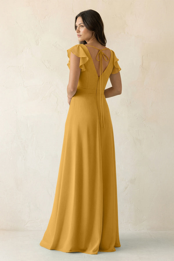 V - Neck Ruffled A - Line Chiffon Bridesmaid Dress in Marigold - SHE IS ME Bridesmaid Dresses