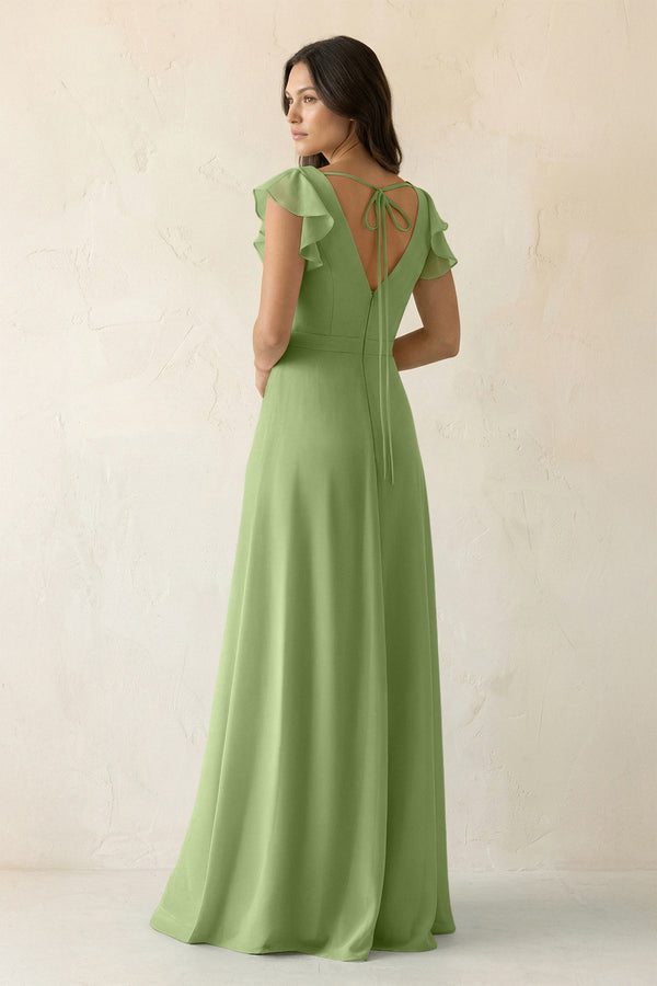 V - Neck Ruffled A - Line Chiffon Bridesmaid Dress in Matcha - SHE IS ME Bridesmaid Dresses