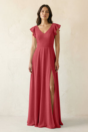 V - Neck Ruffled A - Line Chiffon Bridesmaid Dress in Merlot - SHE IS ME Bridesmaid Dresses