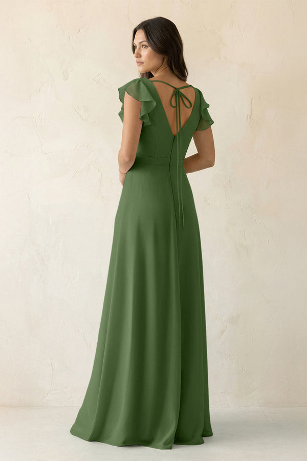 V - Neck Ruffled A - Line Chiffon Bridesmaid Dress in Moss - SHE IS ME Bridesmaid Dresses