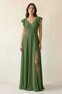 V - Neck Ruffled A - Line Chiffon Bridesmaid Dress in Moss - SHE IS ME Bridesmaid Dresses