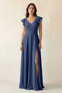 V - Neck Ruffled A - Line Chiffon Bridesmaid Dress in Navy - SHE IS ME Bridesmaid Dresses