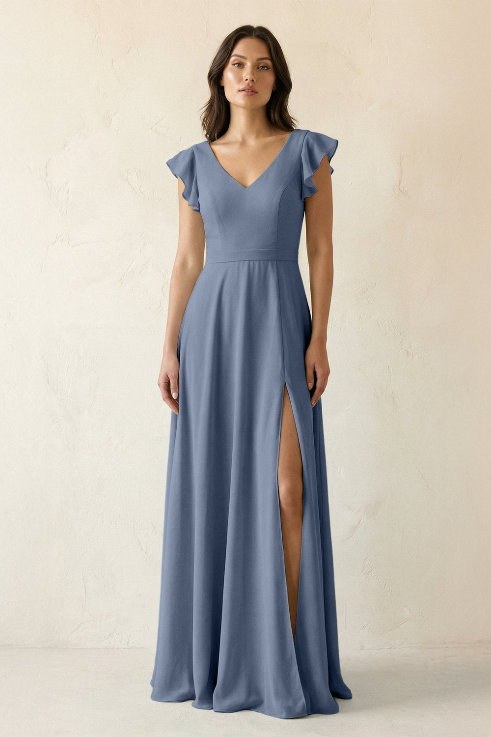 V - Neck Ruffled A - Line Chiffon Bridesmaid Dress in Neptune - SHE IS ME Bridesmaid Dresses
