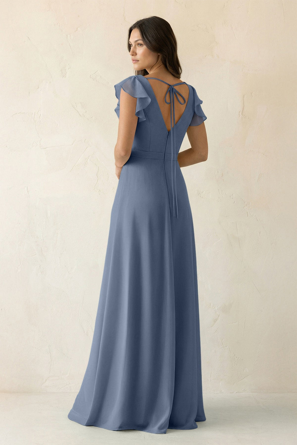 V - Neck Ruffled A - Line Chiffon Bridesmaid Dress in Neptune - SHE IS ME Bridesmaid Dresses