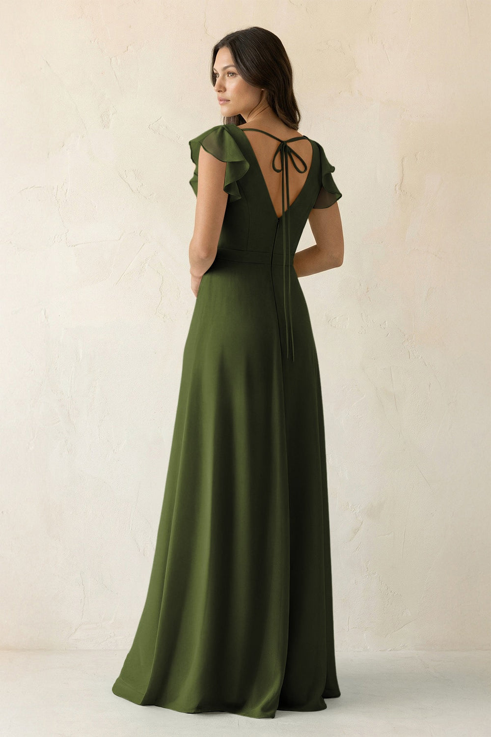 V - Neck Ruffled A - Line Chiffon Bridesmaid Dress in Olive - SHE IS ME Bridesmaid Dresses