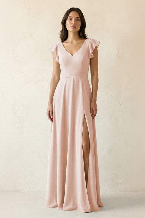 V - Neck Ruffled A - Line Chiffon Bridesmaid Dress in Pale Blush - SHE IS ME Bridesmaid Dresses