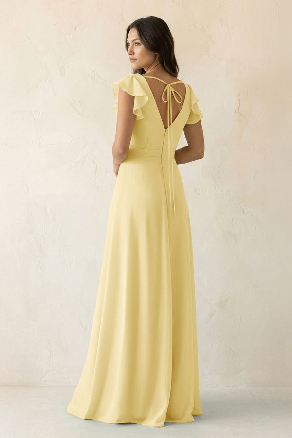 V - Neck Ruffled A - Line Chiffon Bridesmaid Dress in Pastel Yellow - SHE IS ME Bridesmaid Dresses