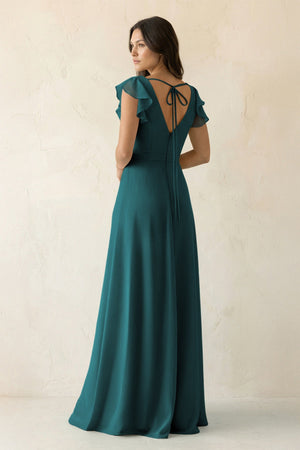 V - Neck Ruffled A - Line Chiffon Bridesmaid Dress in Pine - SHE IS ME Bridesmaid Dresses