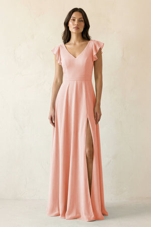 V - Neck Ruffled A - Line Chiffon Bridesmaid Dress in Rose Petal - SHE IS ME Bridesmaid Dresses