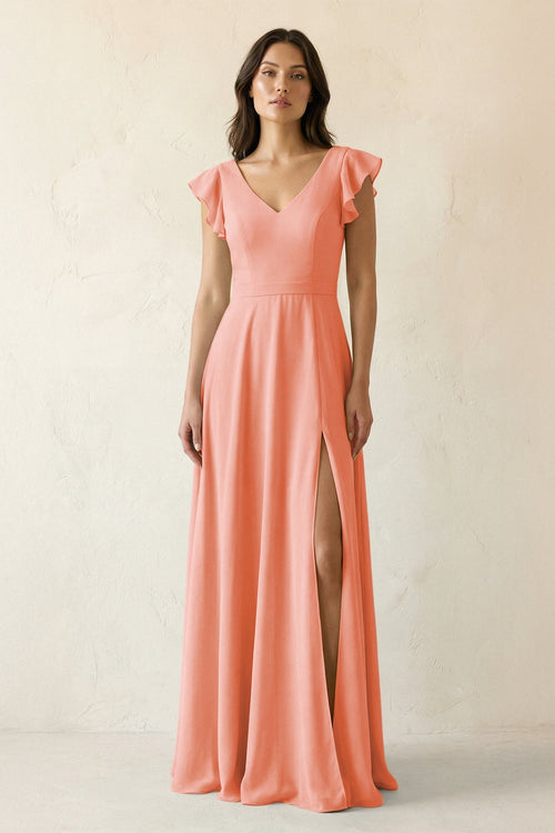 V - Neck Ruffled A - Line Chiffon Bridesmaid Dress in Rosette - SHE IS ME Bridesmaid Dresses