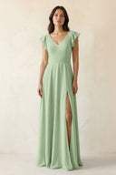 V - Neck Ruffled A - Line Chiffon Bridesmaid Dress in Sage - SHE IS ME Bridesmaid Dresses