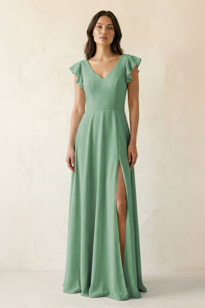 V - Neck Ruffled A - Line Chiffon Bridesmaid Dress in Sea Glass - SHE IS ME Bridesmaid Dresses