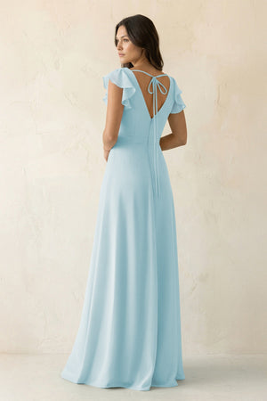 V - Neck Ruffled A - Line Chiffon Bridesmaid Dress in Sky Blue - SHE IS ME Bridesmaid Dresses