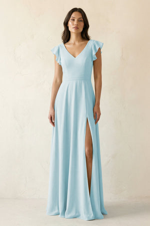 V - Neck Ruffled A - Line Chiffon Bridesmaid Dress in Sky Blue - SHE IS ME Bridesmaid Dresses