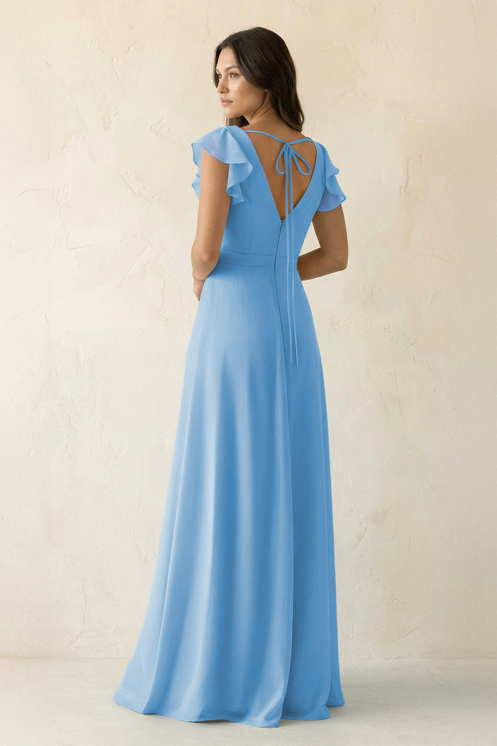 V - Neck Ruffled A - Line Chiffon Bridesmaid Dress in Steel Blue - SHE IS ME Bridesmaid Dresses