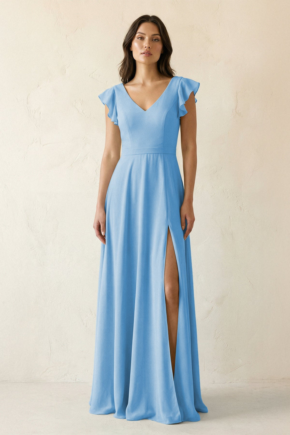 V - Neck Ruffled A - Line Chiffon Bridesmaid Dress in Steel Blue - SHE IS ME Bridesmaid Dresses