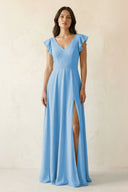 V - Neck Ruffled A - Line Chiffon Bridesmaid Dress in Steel Blue - SHE IS ME Bridesmaid Dresses