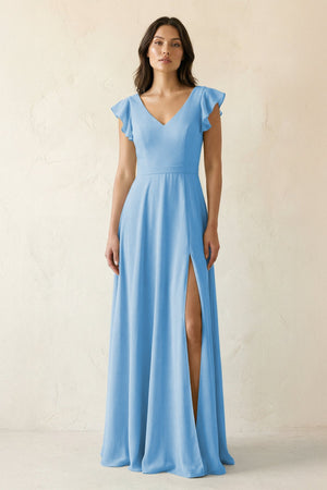 V - Neck Ruffled A - Line Chiffon Bridesmaid Dress in Steel Blue - SHE IS ME Bridesmaid Dresses