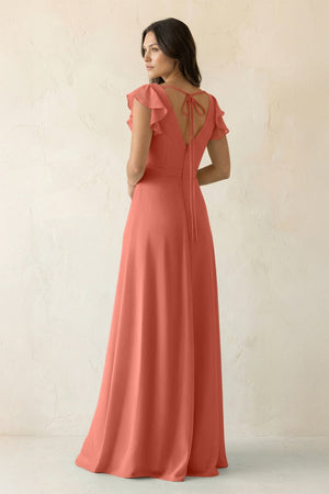 V - Neck Ruffled A - Line Chiffon Bridesmaid Dress in Wild Rose - SHE IS ME Bridesmaid Dresses