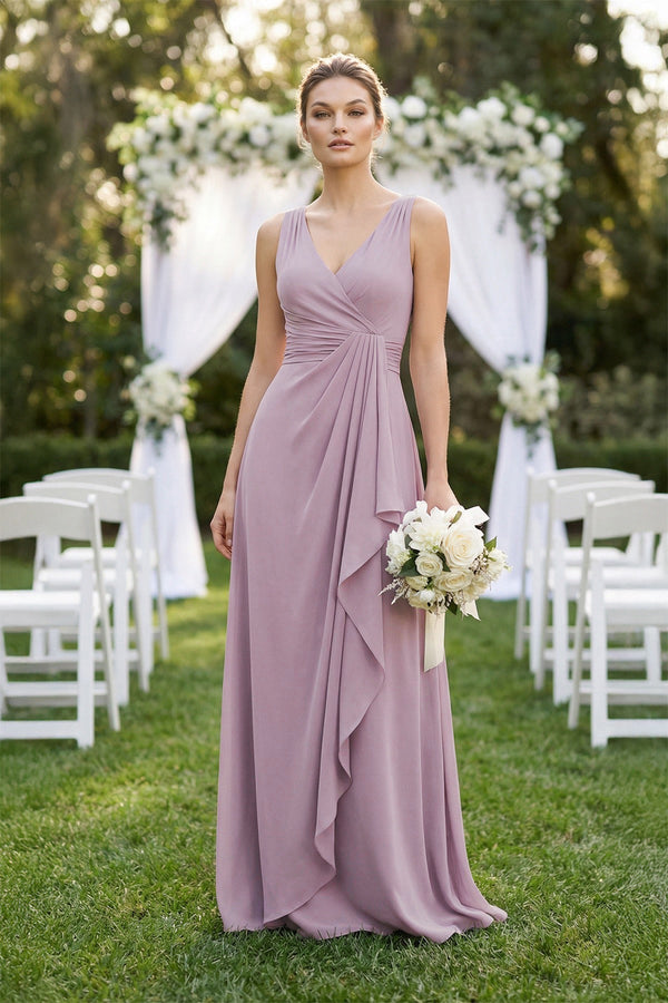 V - Neck Ruffled Ruched Chiffon A - Line Bridesmaid Dress in Dusk - SHE IS ME Bridesmaid Dresses