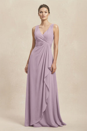 V - Neck Ruffled Ruched Chiffon A - Line Bridesmaid Dress in Dusk - SHE IS ME Bridesmaid Dresses