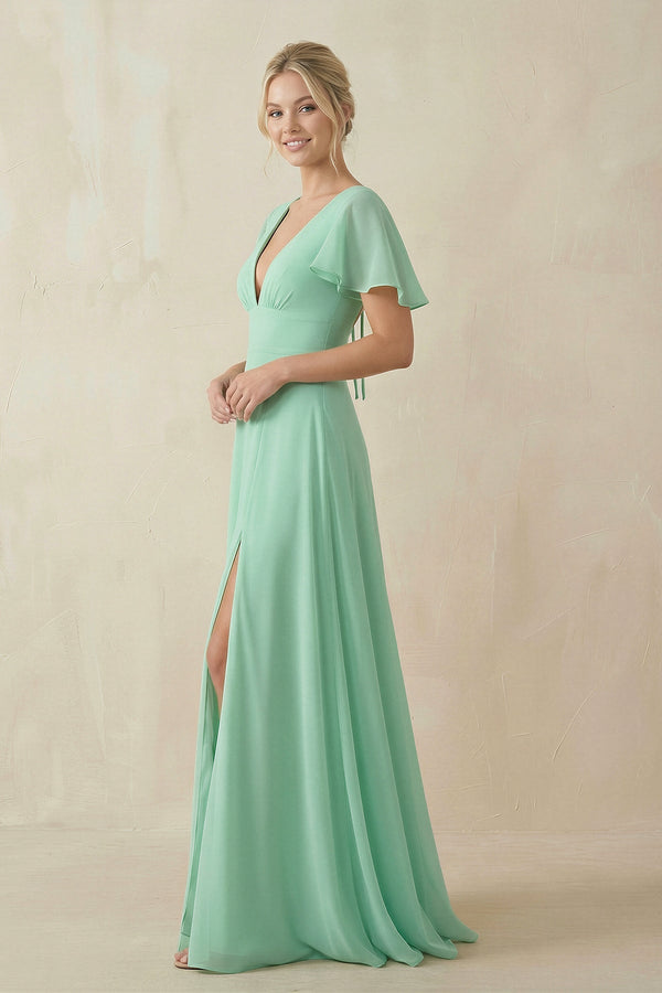 V-Neck Ruffled Short Sleeves A-Line Bridesmaid Dress in Pale Pistachio - SHE IS ME BRIDESMAID DRESSES
