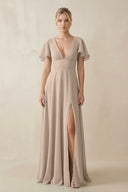 V - Neck Ruffled Short Sleeves A - Line Bridesmaid Dress in Almond - SHE IS ME Bridesmaid Dresses