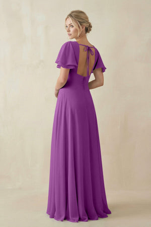 V - Neck Ruffled Short Sleeves A - Line Bridesmaid Dress in Amethyst - SHE IS ME Bridesmaid Dresses