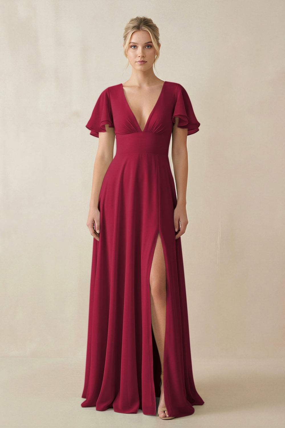 V - Neck Ruffled Short Sleeves A - Line Bridesmaid Dress in Berry - SHE IS ME Bridesmaid Dresses