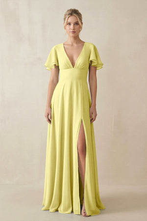 V - Neck Ruffled Short Sleeves A - Line Bridesmaid Dress in Buttercup - SHE IS ME Bridesmaid Dresses